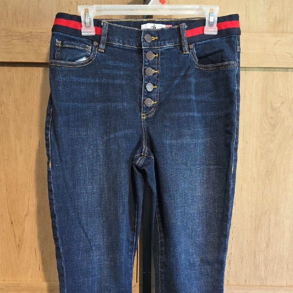 (J60) CAbi High Rise Dark Blue Jeans with Red Accents Sz 10 - Picture 3 of 7